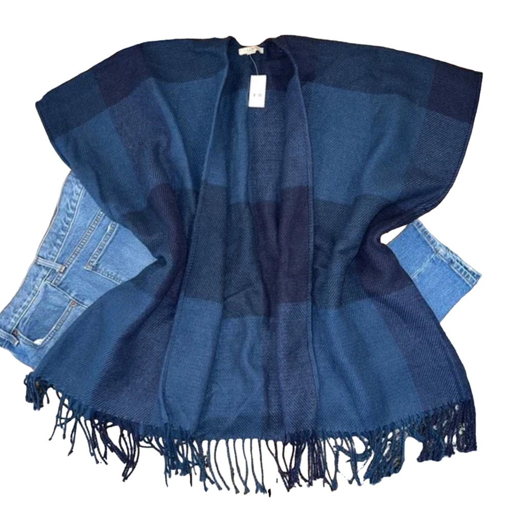 NWT LOFT Blue & Navy Oversized Plaid Open Front Poncho Wrap -
